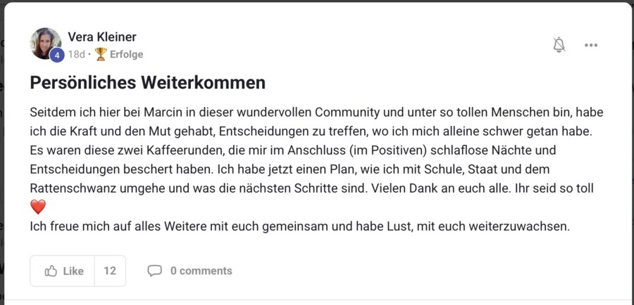 Veras Original-Post in der Community: Persönliches Weiterkommen