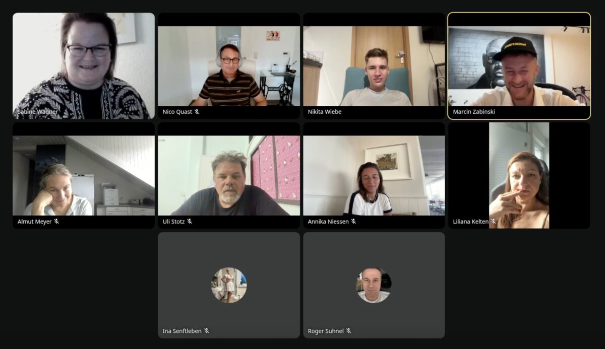 Echter Live-Call: Kachelansicht mit Marcin und Mitgliedern